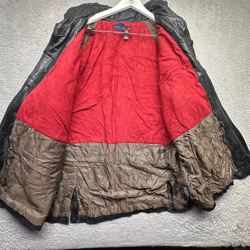 Vintage 90s Nautica Genuine Leather Red Lined Coat Mens 48 XL Hooded Pockets